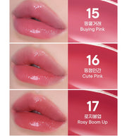 ProtoClinical k-beauty peripera Water Bare Tint 3.7g #15~17 shown in a pink product detail graphic with rose swatch blocks, dark tint tube shapes, and pale blue-green corner accents