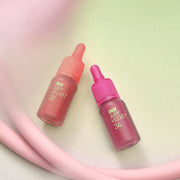 ProtoClinical k-beauty [PERIPERA] Ink Airy Velvet (AD) 4g (#7,#8,#31~#35) shown in a coral-red shade detail graphic with rectangular color swatches, dark tint shapes, and pale green corner accents