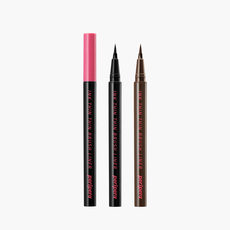 ProtoClinical k-beauty [PERIPERA] Ink Thin Thin Brush Liner 0.5g (2color) shown in slim eyeliner packaging on a light background with soft pink side accents.