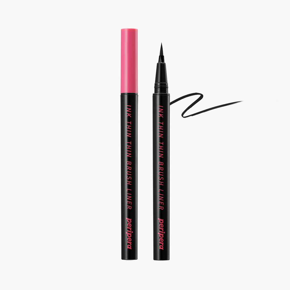 ProtoClinical k-beauty [PERIPERA] Ink Thin Thin Brush Liner 0.5g (2color) shown in a dark slim eyeliner packshot on a light background with soft pink side accents.