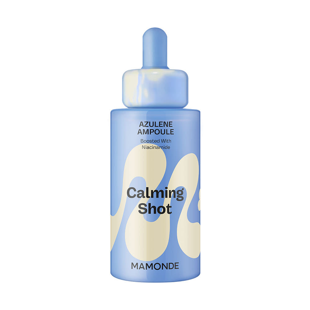 ProtoClinical k-beauty Mamonde Calming Shot Azulene Ampoule 50ml pale blue product silhouette with soft peach side accents on a light background