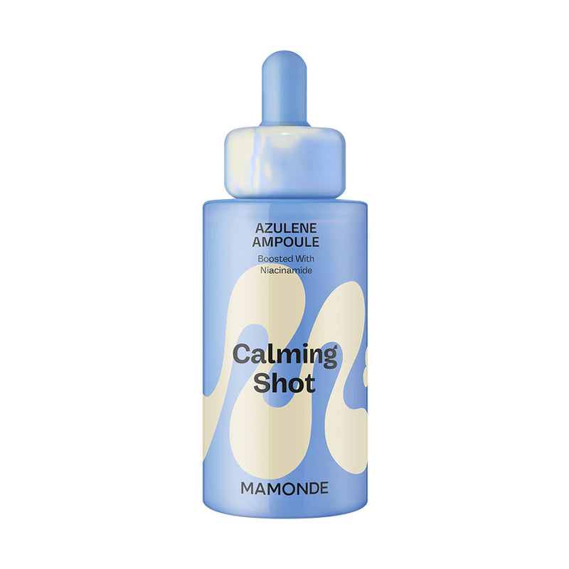 ProtoClinical k-beauty Mamonde Calming Shot Azulene Ampoule 50ml pale blue product silhouette with soft peach side accents on a light background