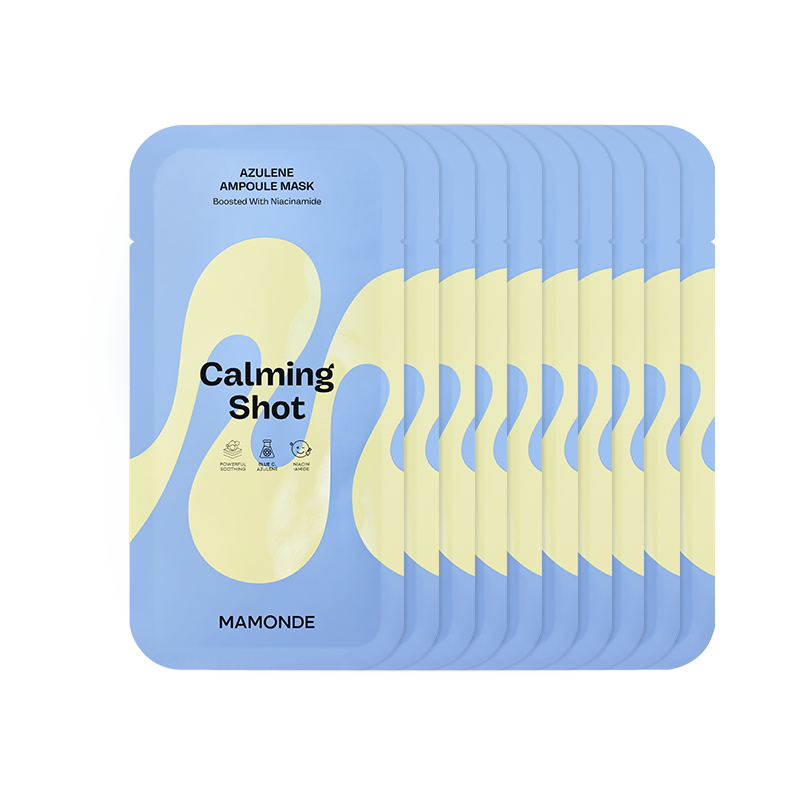 ProtoClinical k-beauty Mamonde Calming Shot Azulene Ampoule Mask 23ml X 10ea pale blue rounded product graphic on a light background