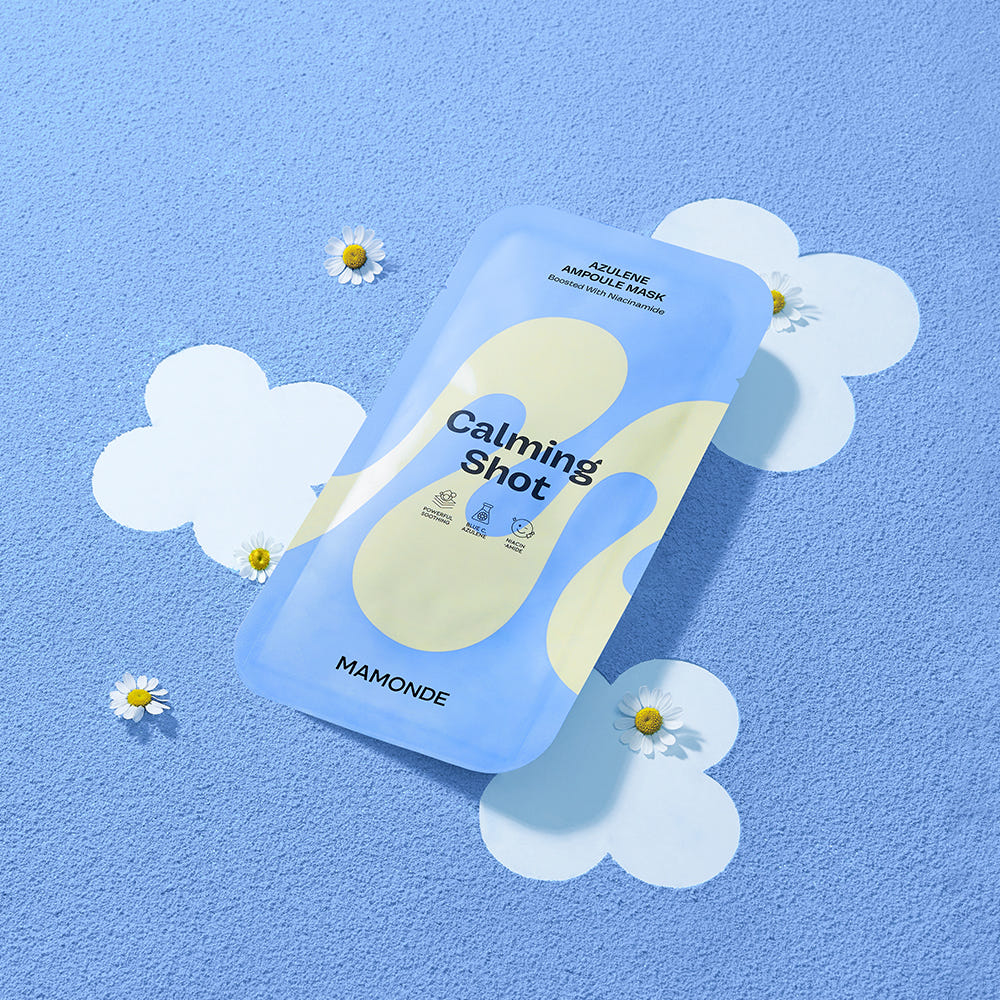 ProtoClinical k-beauty Mamonde Calming Shot Azulene Ampoule Mask 23ml X 10ea blue product graphic with a soft white accent on a blue background