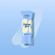 ProtoClinical k-beauty Mamonde Calming Shot Azulene Suncream SPF50+ PA++++ 35ml pale blue vertical product graphic on a soft blue background
