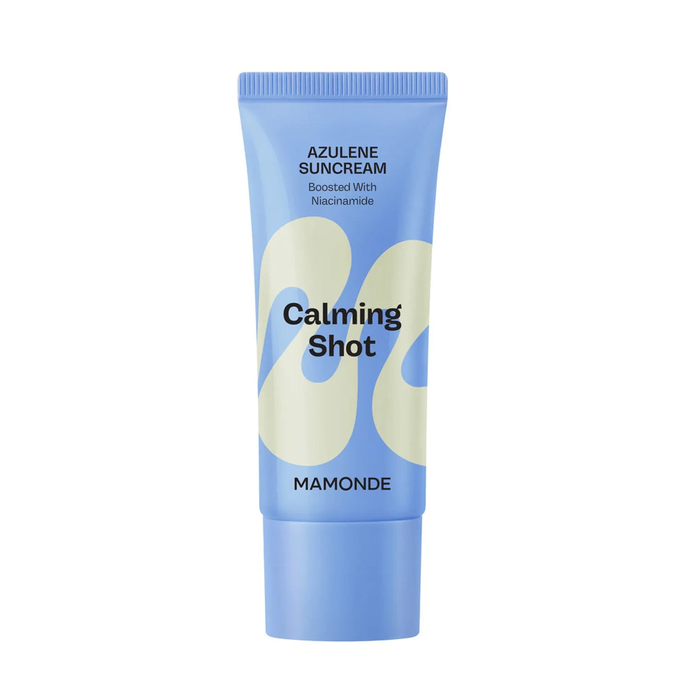 ProtoClinical k-beauty Mamonde Calming Shot Azulene Suncream SPF50+ PA++++ 35ml tall blue product with warm beige side accents on a white background
