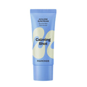 ProtoClinical k-beauty Mamonde Calming Shot Azulene Suncream SPF50+ PA++++ 35ml tall blue product with warm beige side accents on a white background