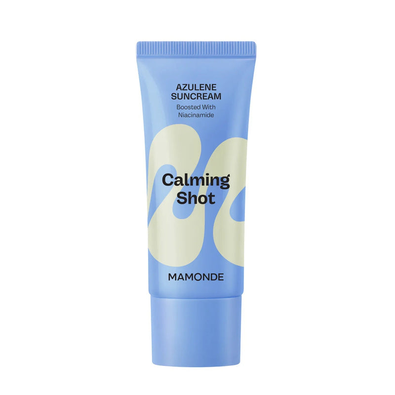 ProtoClinical k-beauty Mamonde Calming Shot Azulene Suncream SPF50+ PA++++ 35ml tall blue product with warm beige side accents on a white background