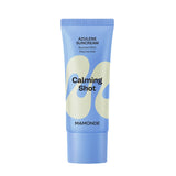 ProtoClinical k-beauty Mamonde Calming Shot Azulene Suncream SPF50+ PA++++ 35ml tall blue product with warm beige side accents on a white background