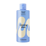 ProtoClinical k-beauty Mamonde Calming Shot Azulene Toner 300ml slim blue product centered on a soft cream background