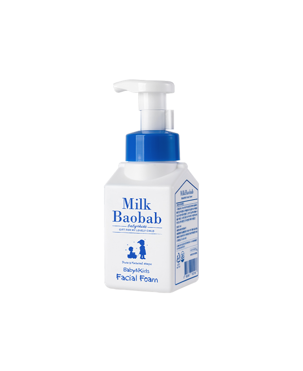 BIOKLASSE MILK BAOBAB Baby & Kids Facial Foam 300ml by ProtoClinical shown in foaming facial cleanser packaging on a clean white background, highlighting gentle baby care details for a k-beauty routine.