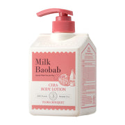 ProtoClinical k-beauty BIOKLASSE MILK BAOBAB CERA Body Lotion 600ml #Flora Bouquet single upright pink lotion bottle centered on a white background with pale blue corners