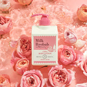 ProtoClinical k-beauty BIOKLASSE MILK BAOBAB CERA Body Lotion 600ml #Peony Musk single upright pink lotion bottle centered on a white background with pale blue corners