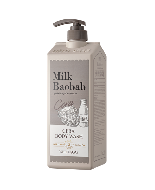 ProtoClinical k-beauty BIOKLASSE MILK BAOBAB CERA Body Wash 1200ml #White Soap single large beige body wash bottle centered on a light background.