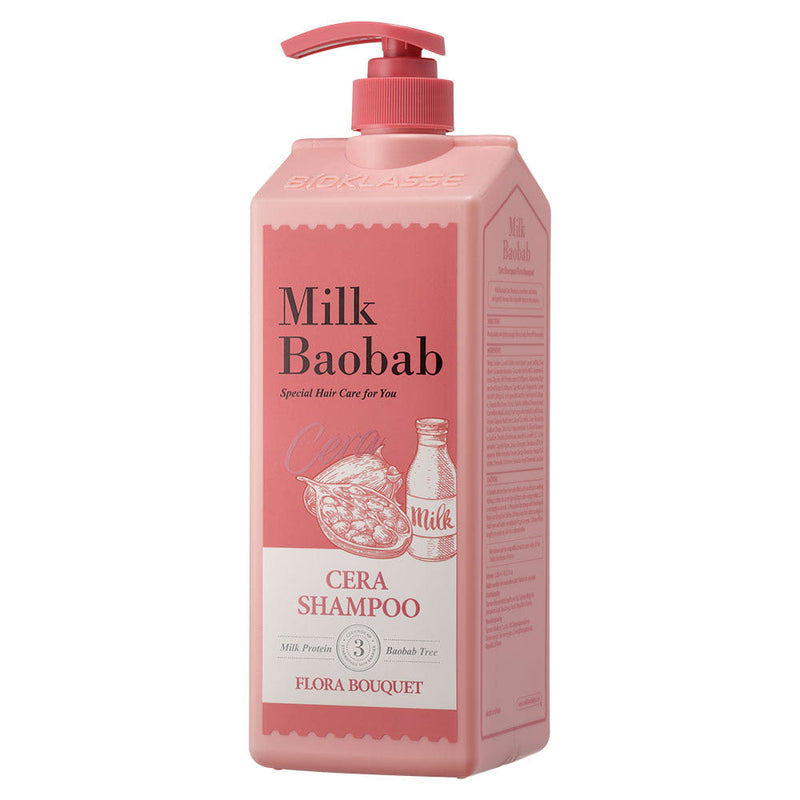 ProtoClinical k-beauty BIOKLASSE MILK BAOBAB CERA Hair Shampoo 1200ml #Flora Bouquet single upright shampoo bottle on a white background.