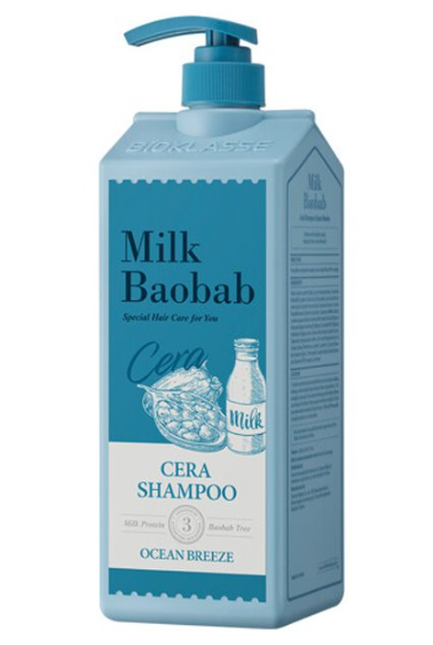 ProtoClinical k-beauty BIOKLASSE MILK BAOBAB CERA Hair Shampoo 1200ml #Ocean Breeze single upright shampoo bottle on a white background.