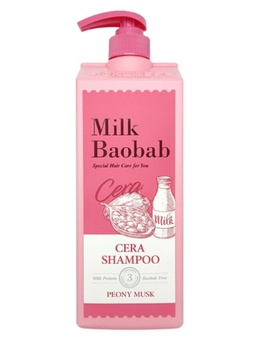 ProtoClinical k-beauty BIOKLASSE MILK BAOBAB CERA Hair Shampoo 1200ml #Peony Musk single upright shampoo bottle on a white background.