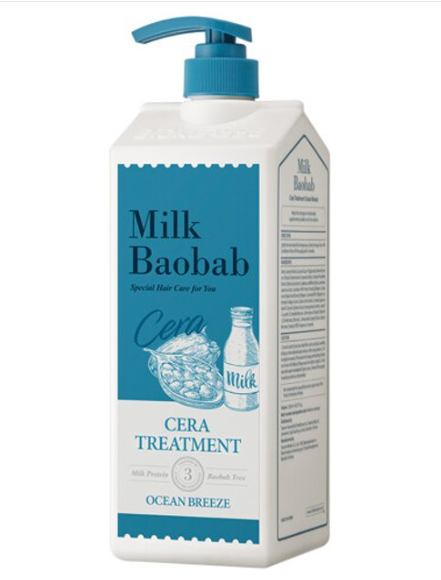 ProtoClinical k-beauty BIOKLASSE MILK BAOBAB CERA Hair Treatment 1200ml #Ocean Breeze single upright teal blue hair treatment bottle centered on a white background