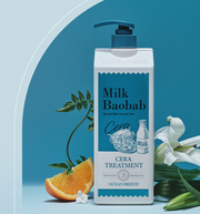 ProtoClinical k-beauty BIOKLASSE MILK BAOBAB CERA Hair Treatment 1200ml #Ocean Breeze single upright teal blue hair treatment bottle centered on a light aqua background