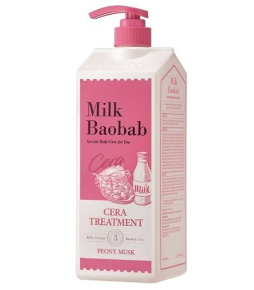 ProtoClinical k-beauty BIOKLASSE MILK BAOBAB CERA Hair Treatment 1200ml #Peony Musk single upright pink hair treatment bottle centered on a white background with pale aqua side shading