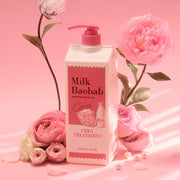 ProtoClinical k-beauty BIOKLASSE MILK BAOBAB CERA Hair Treatment 1200ml #Peony Musk single upright pink hair treatment bottle centered on a pale pink background with rose shading