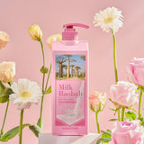 ProtoClinical k-beauty BIOKLASSE MILK BAOBAB Hair Shampoo 1000ml #Damask Rose single upright rose-pink shampoo bottle centered on a white background with pale aqua side accents.