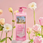 ProtoClinical k-beauty BIOKLASSE MILK BAOBAB Hair Shampoo 1000ml #Damask Rose single upright rose-pink shampoo bottle centered on a white background with pale aqua side accents.