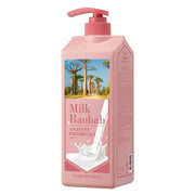 ProtoClinical k-beauty BIOKLASSE MILK BAOBAB Hair Shampoo 1000ml #Flora Bouquet single upright pink shampoo bottle centered on a white background with pale aqua side accents.