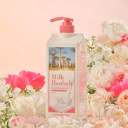 ProtoClinical k-beauty BIOKLASSE MILK BAOBAB Hair Treatment 1000ml #Flora Bouquet single upright beige hair treatment bottle centered on a pale peach background