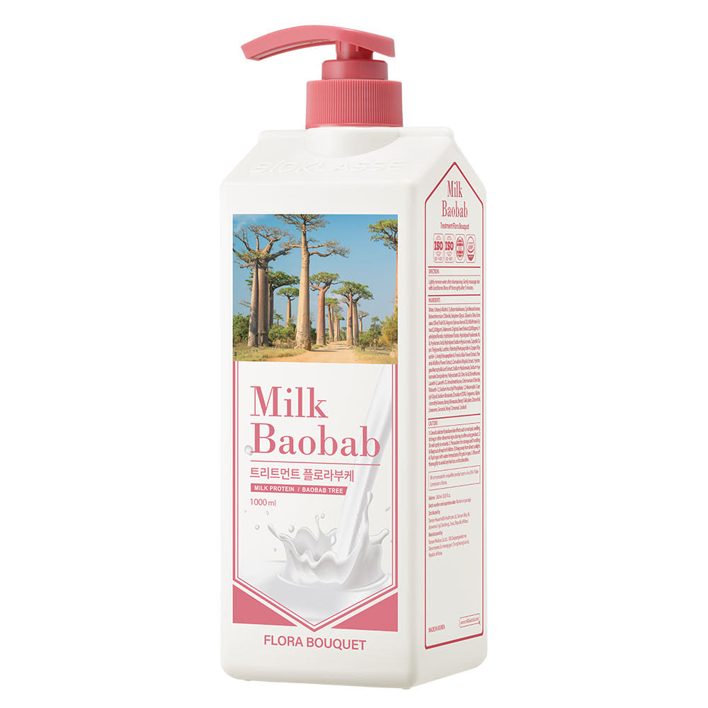 ProtoClinical k-beauty BIOKLASSE MILK BAOBAB Hair Treatment 1000ml #Flora Bouquet single upright beige hair treatment bottle centered on a white background with pale aqua side shading