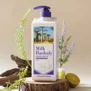 ProtoClinical k-beauty BIOKLASSE MILK BAOBAB Hair Treatment 1000ml #Lavender Garden single upright lavender-gray hair treatment bottle centered on a warm beige background