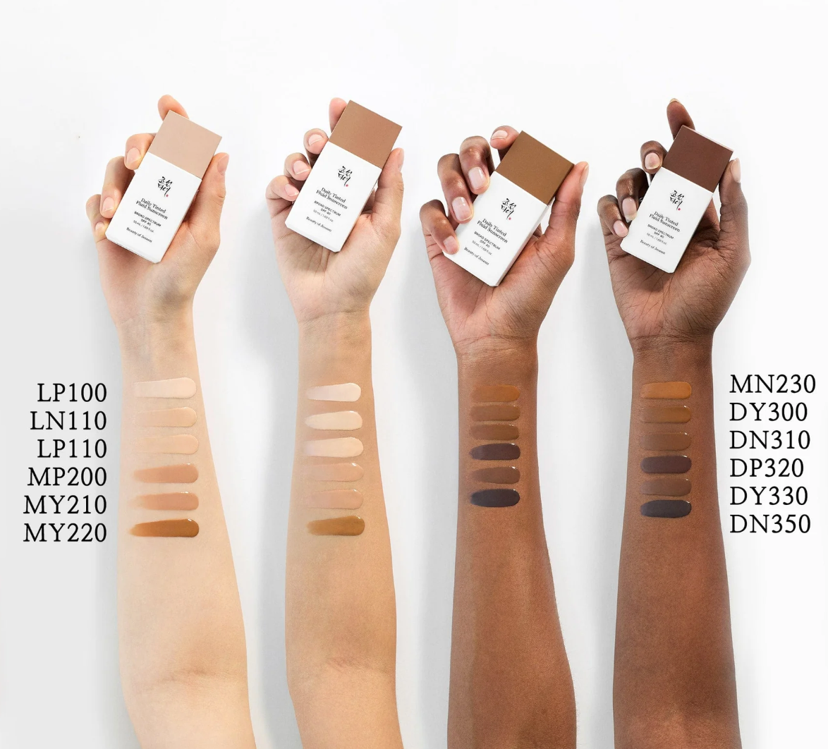 [Beauty of Joseon] Daily Tinted Fluid Sunscreen SPF50+ PA+++ 50ml by ProtoClinical shown in product information layout with packaging visuals, highlighting the tinted sunscreen details for a k-beauty routine.