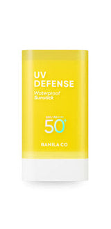 ProtoClinical k-beauty BANILA CO UV Defense Waterproof Sun Stick SPF50+ PA++++ 18.5g single upright yellow sun stick package centered on a white background.