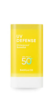 ProtoClinical k-beauty BANILA CO UV Defense Waterproof Sun Stick SPF50+ PA++++ 18.5g single upright yellow sun stick package centered on a white background.