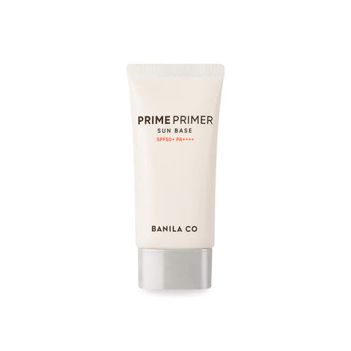 ProtoClinical k-beauty BANILA CO Prime Primer Sun Base SPF50+ PA++++ 50ml single upright beige primer package centered on a white background with soft peach side accents.