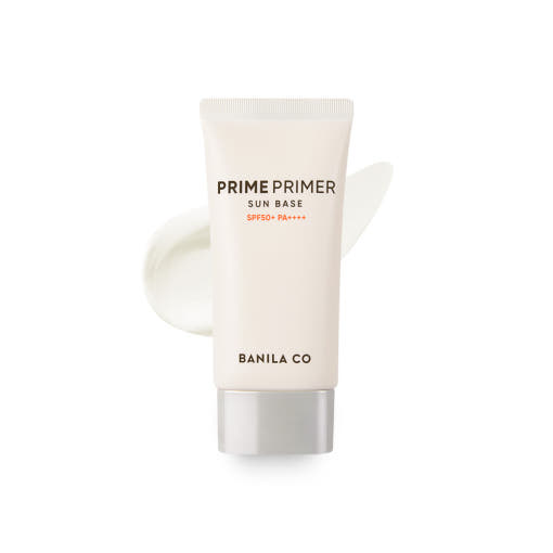ProtoClinical k-beauty BANILA CO Prime Primer Sun Base SPF50+ PA++++ 50ml single upright beige package centered on a white background with soft peach side accents.