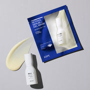 ProtoClinical k-beauty IOPE Retinol Serum In Gel Mask 30g*7ea shown as a deep blue cosmetic bottle with warm beige side accents on a light background