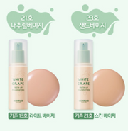 ProtoClinical k-beauty SKINFOOD White Grape Fresh Up Foundation 30ml (2 Colors) two upright beige foundation packages side by side on a pale cream background with soft mint and lilac accents