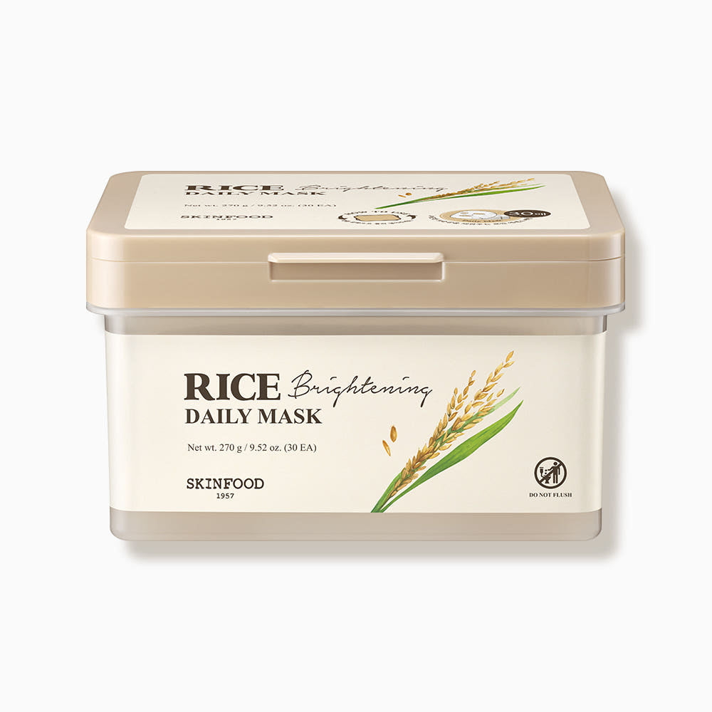 ProtoClinical k-beauty SKINFOOD Rice Brightening Daily Mask 270g/30ea beige rectangular daily mask pack with a cream-toned lower section on a pale blue background