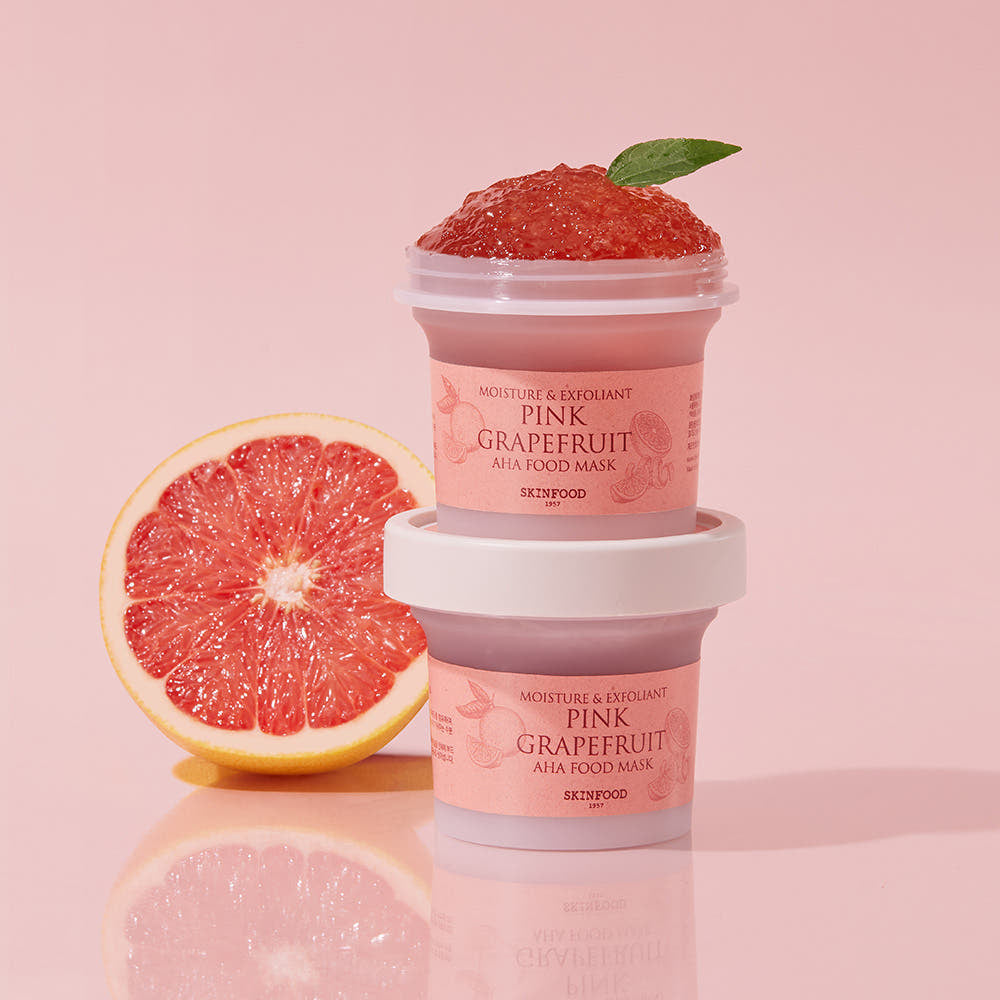ProtoClinical k-beauty SKINFOOD Pink Grapefruit AHA Food Mask 120g two pink mask jars arranged on a warm pink background