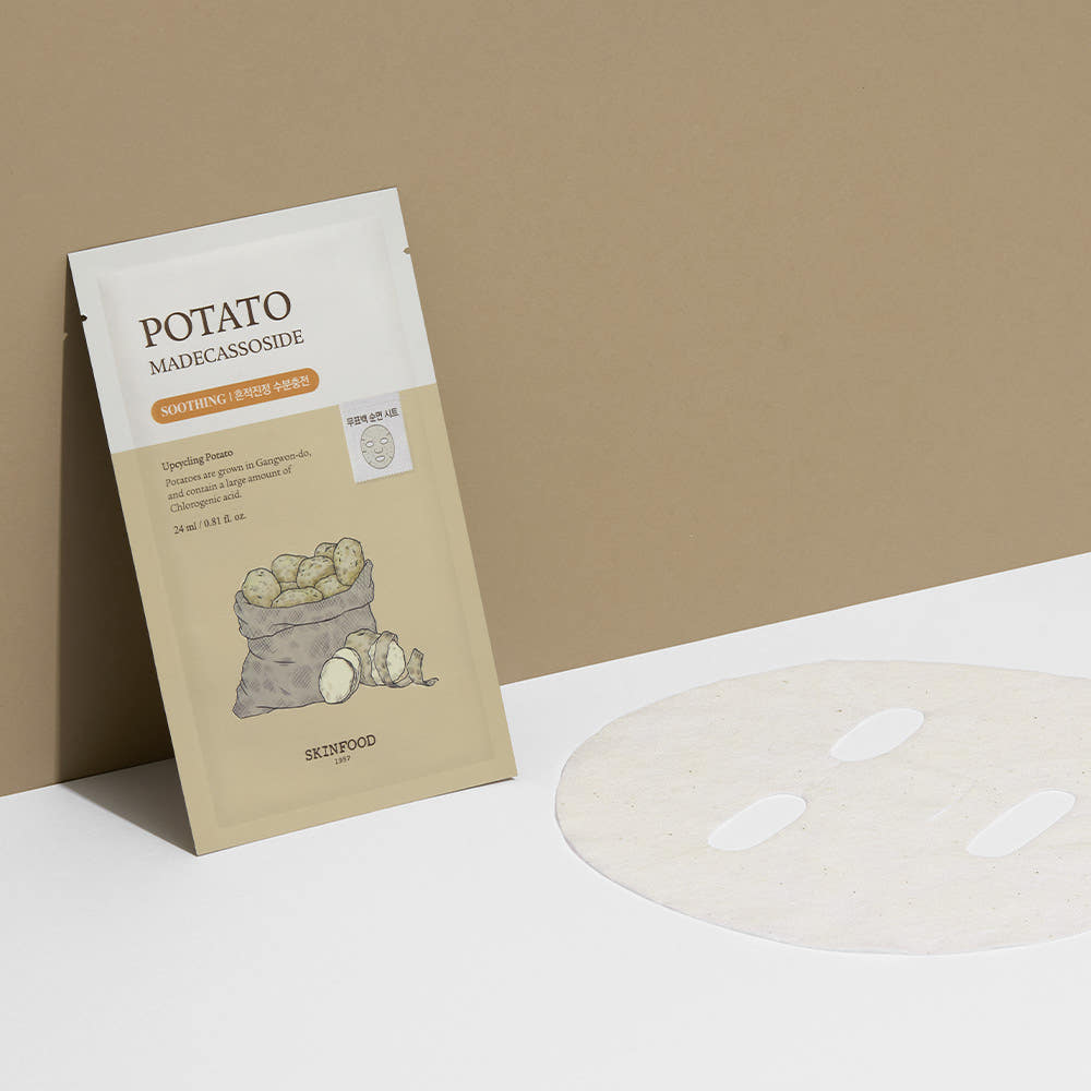 ProtoClinical k-beauty SKINFOOD Potato Madecassoside Mask Sheet 24ml X 10ea single pale beige rectangular mask packet centered on a light background