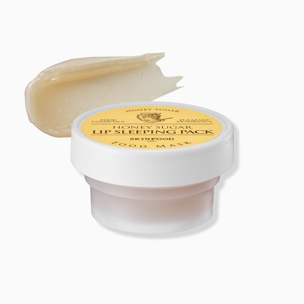 ProtoClinical k-beauty SKINFOOD Honey Sugar Food Mask Lip Sleeping Pack 21ml single pale beige lip sleeping pack container centered on a light background