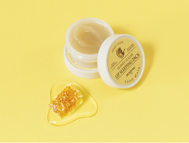 ProtoClinical k-beauty SKINFOOD Honey Sugar Food Mask Lip Sleeping Pack 21ml single pale beige lip sleeping pack container centered on a clean light background