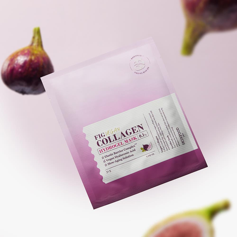 ProtoClinical k-beauty SKINFOOD Fig Vegan Collagen Hydrogel Mask Sheet 31g X 5ea single mauve mask packet with a dark gray lower band on a light background
