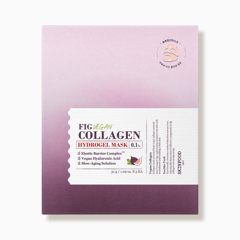 ProtoClinical k-beauty SKINFOOD Fig Vegan Collagen Hydrogel Mask Sheet 31g X 5ea single mauve packet with a dark gray lower band on a light background.
