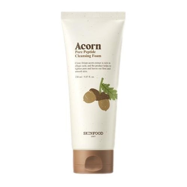 ProtoClinical k-beauty SKINFOOD Acorn Pore Peptide Cleansing Foam 150ml single beige cleanser tube standing upright on a clean white background