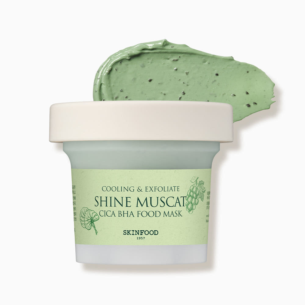 ProtoClinical k-beauty SKINFOOD Cica BHA Food Mask 120g #Shine Muscat single pale green jar centered on a light background with soft lavender side shading.