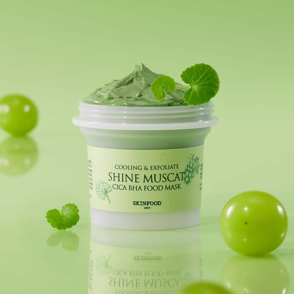 ProtoClinical k-beauty SKINFOOD Cica BHA Food Mask 120g #Shine Muscat single pale green jar centered on a light background with soft lavender side shading
