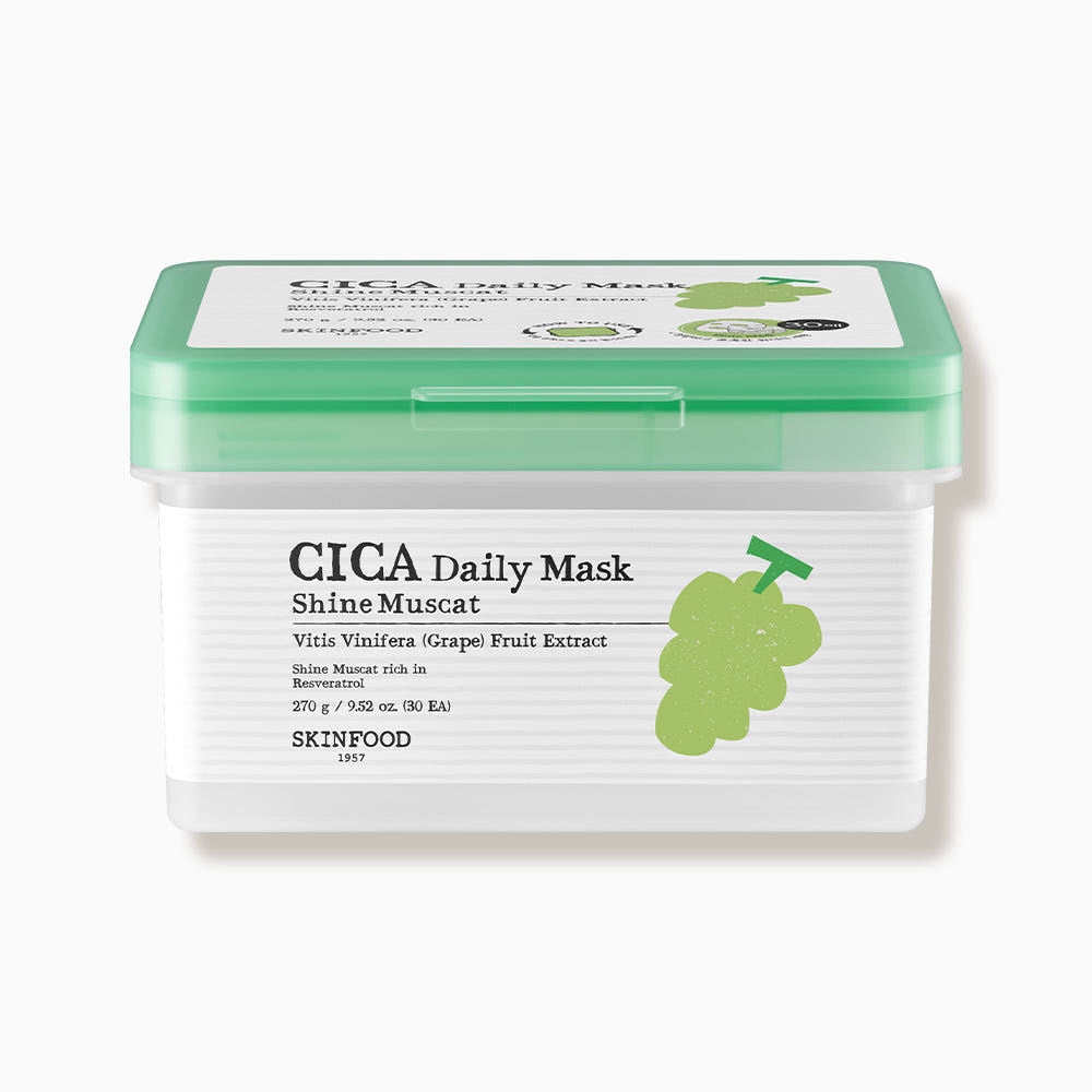 ProtoClinical k-beauty SKINFOOD Shine Muscat Cica Daily Mask 270g/30ea single pale green daily mask pouch centered on a light background with soft pink side shading