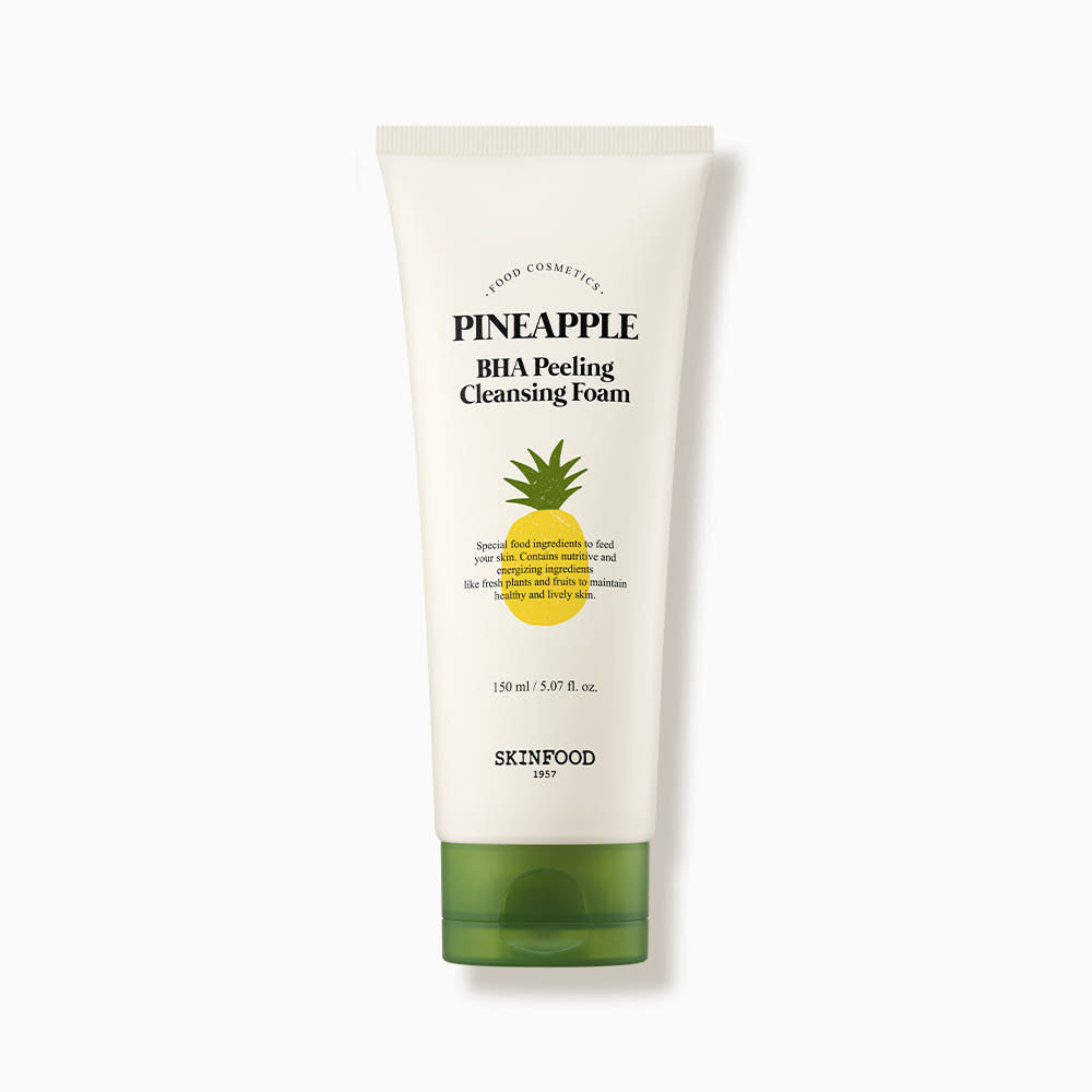 ProtoClinical k-beauty SKINFOOD Pineapple BHA Peeling Cleansing Foam 150ml single pale yellow cleanser tube in a close view on a white background with visible front label details